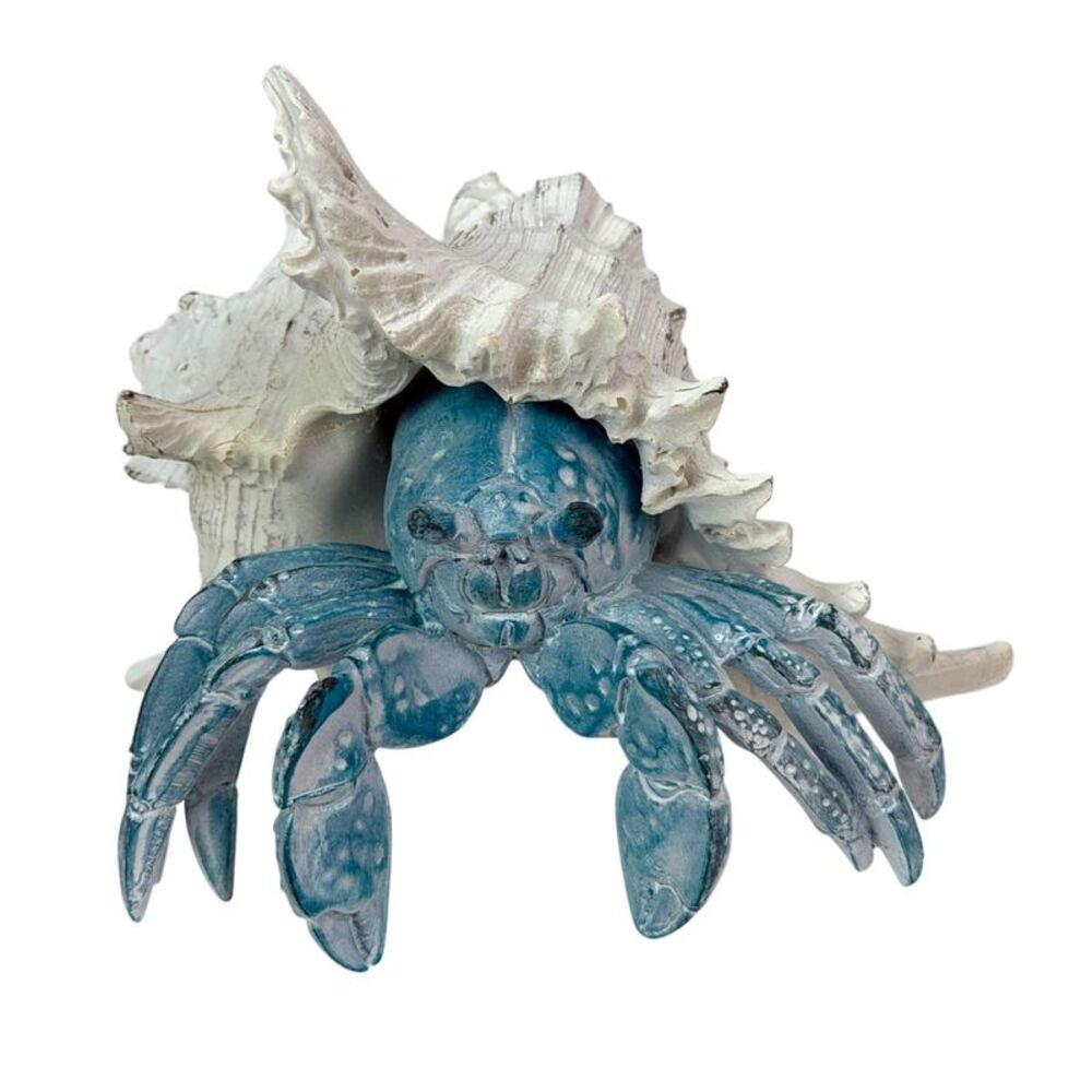Blue Hermit Crab Statue Resin Coastal Seashell Figurine 5.25 Inch Decor